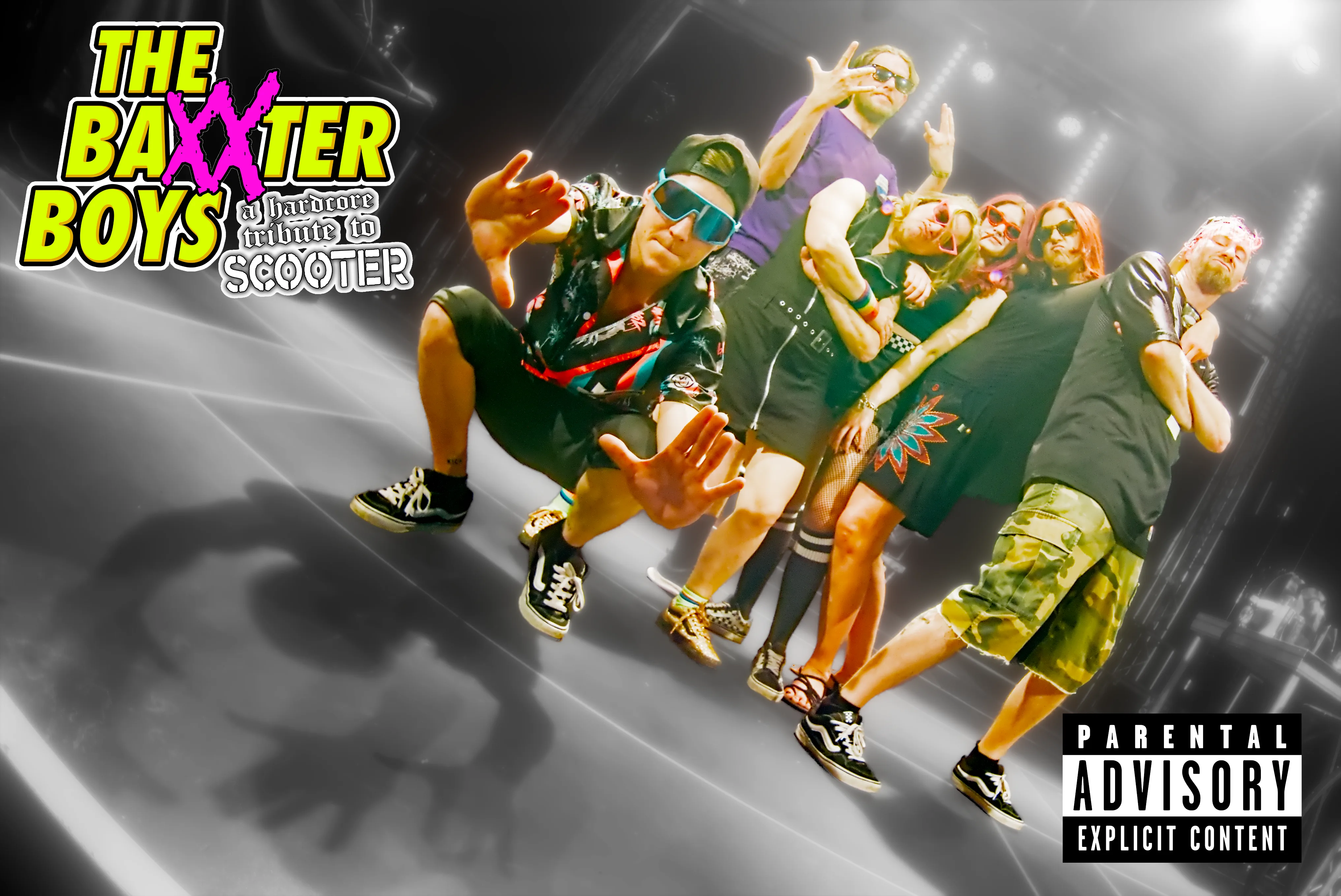 Bearbeitetes Fisheye-Bild der Baxxter Boys im Stil eines Punk-Albumcovers